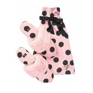 VICTORIA'S SECRET PINK POLKA DOTS SATIN SLIPPERS & BAG L 9/10 NEW